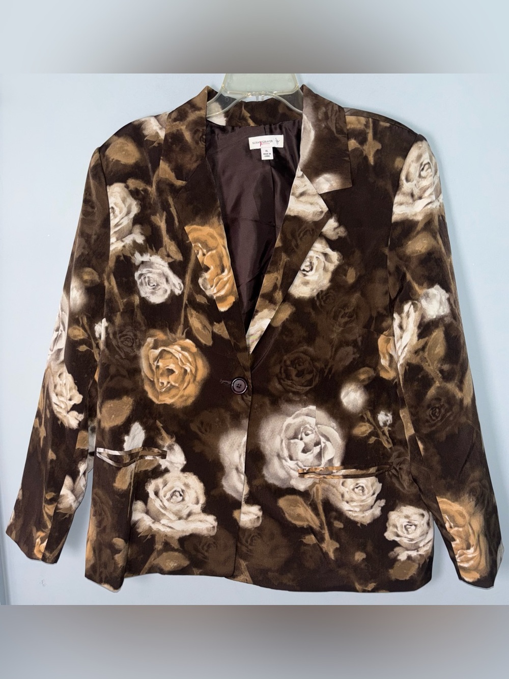 Susan Graver Women’s XL Velvet Floral Blazer Brown One Button Front